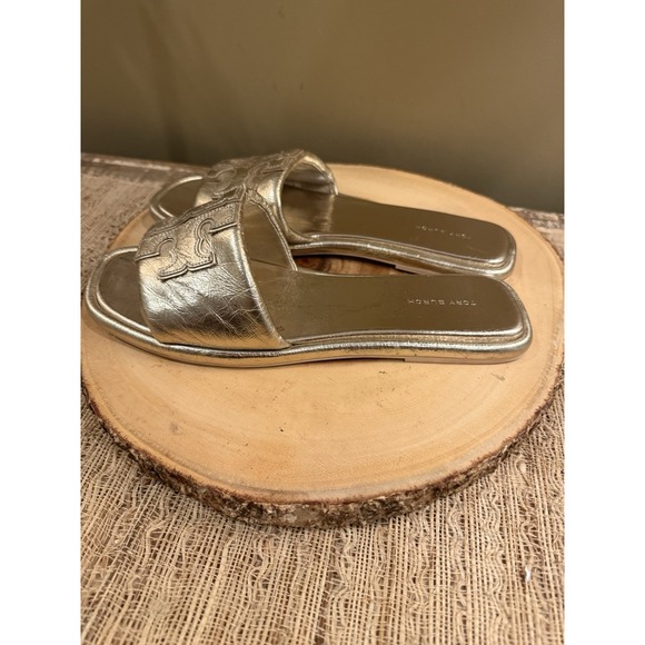 Tory Burch Double T Sport Slide Leather Sandals Gold Spark Sz-9.5 298$ - Picture 6 of 14